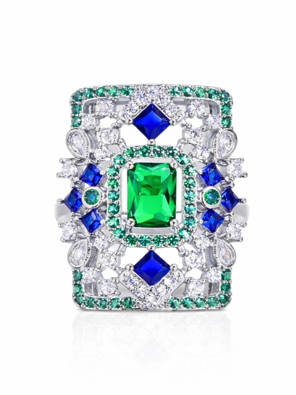 Art Deco Large Blue Green Silver Statement Ring